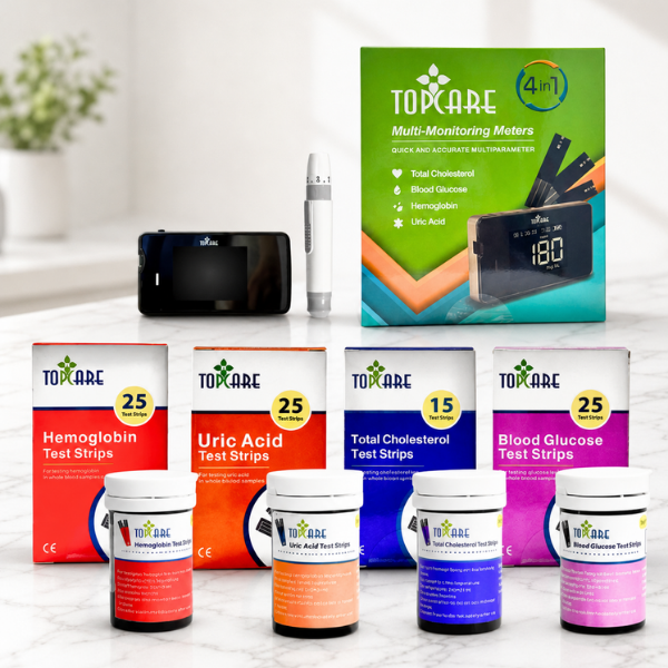 Topcare 4in1 Multi-monitor with Glucose, Uric, Cholesterol & Hemoglobin Strips